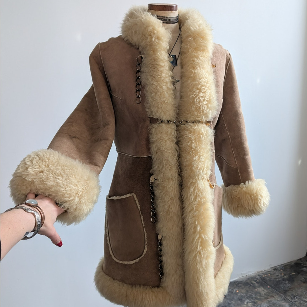 Vintage Brown Suede Fur Coat Boho Tan Leather Penny Lane Jacket Fur Trim Medium - Picture 8 of 11